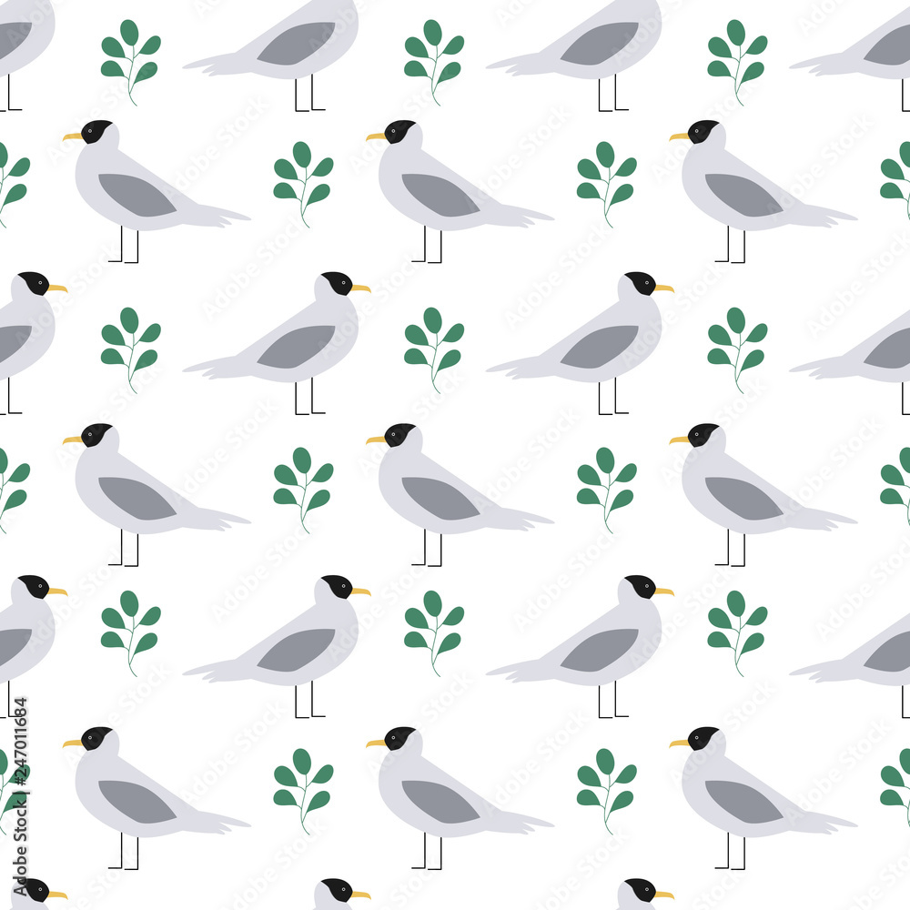 Obraz premium Seamless summer pattern with gull. Birds Scandinavian background.