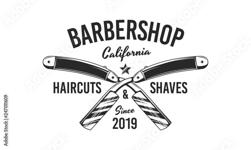 Barber shop sign, label. Barber shop logo with barbershop razor. Vintage poster. Retro print for typography. Vector template.