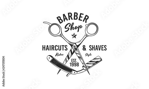 Barber shop logo concept. Scissors and Barber razor. Logo template for Barber shop, haircut's salon, typography. Vintage design. Vector illustration