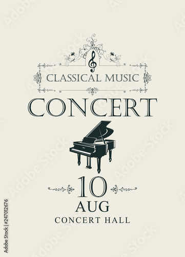 Vector poster for concert or festival of classical music in vintage style with grand piano