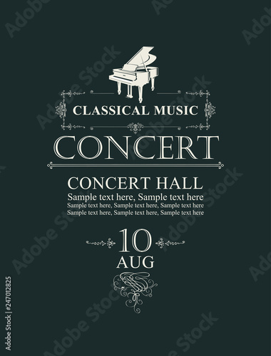 Vector poster for concert or festival of classical music in vintage style with grand piano on the black background