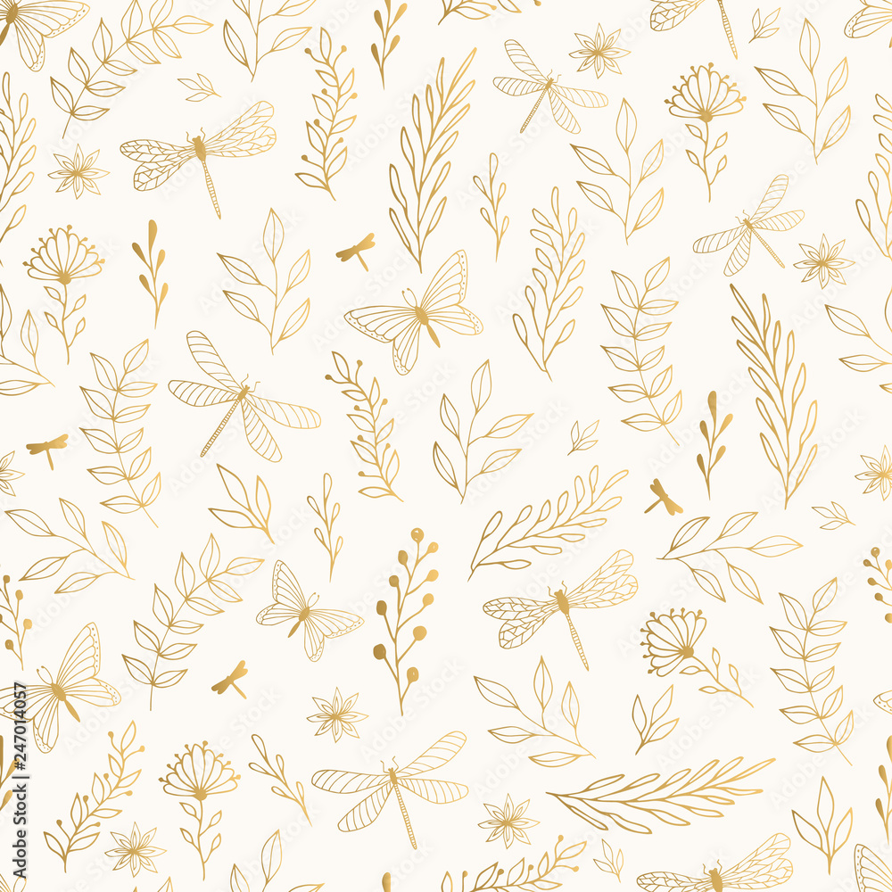 Summer gold pattern with flowers, leaves and dragonfly. Summer gold pattern with flowers, leaves and dragonfly.