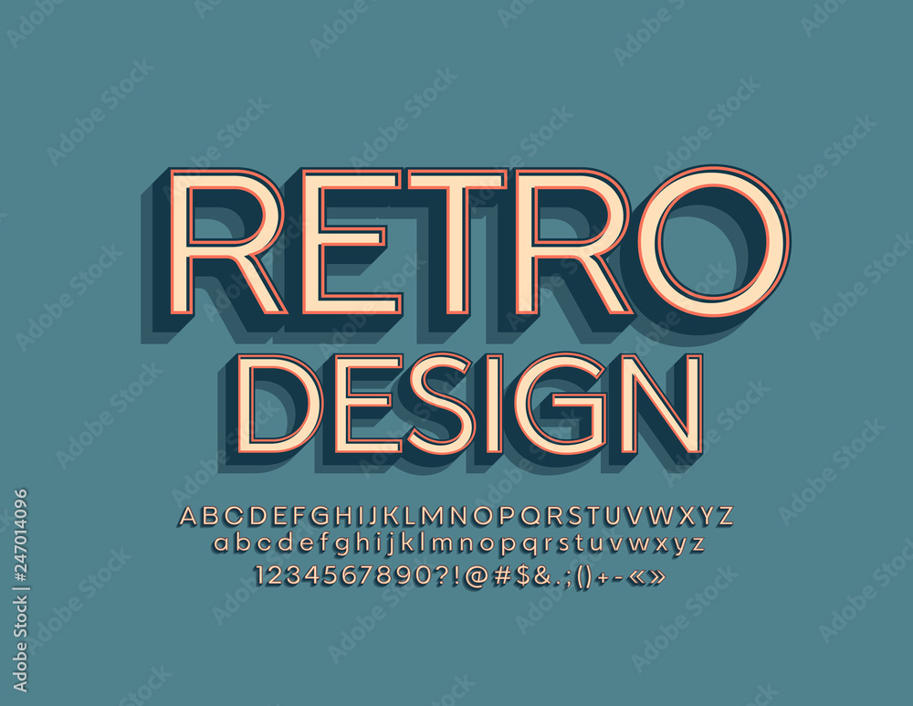 Fototapeta Vector Retro Design Alphabet Letters, Numbers and Symbols. 3D Vintage stylish Font.