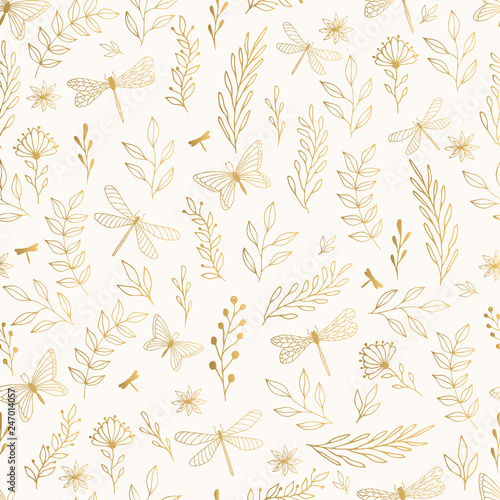 Summer gold pattern with flowers, leaves and dragonfly. 
