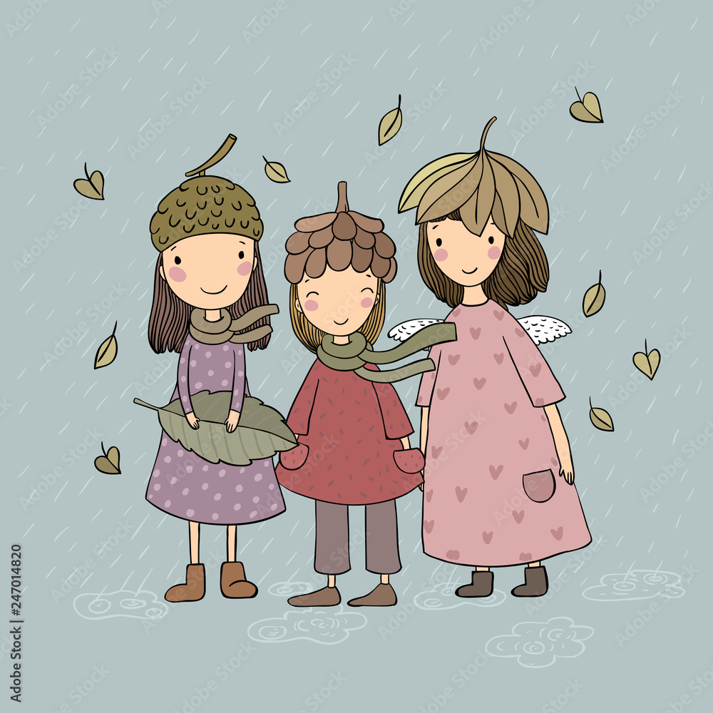 Three small forest fairies. Cartoon elves. Autumn postcard. Three sisters  in fancy dress - Vector Stock Vector | Adobe Stock