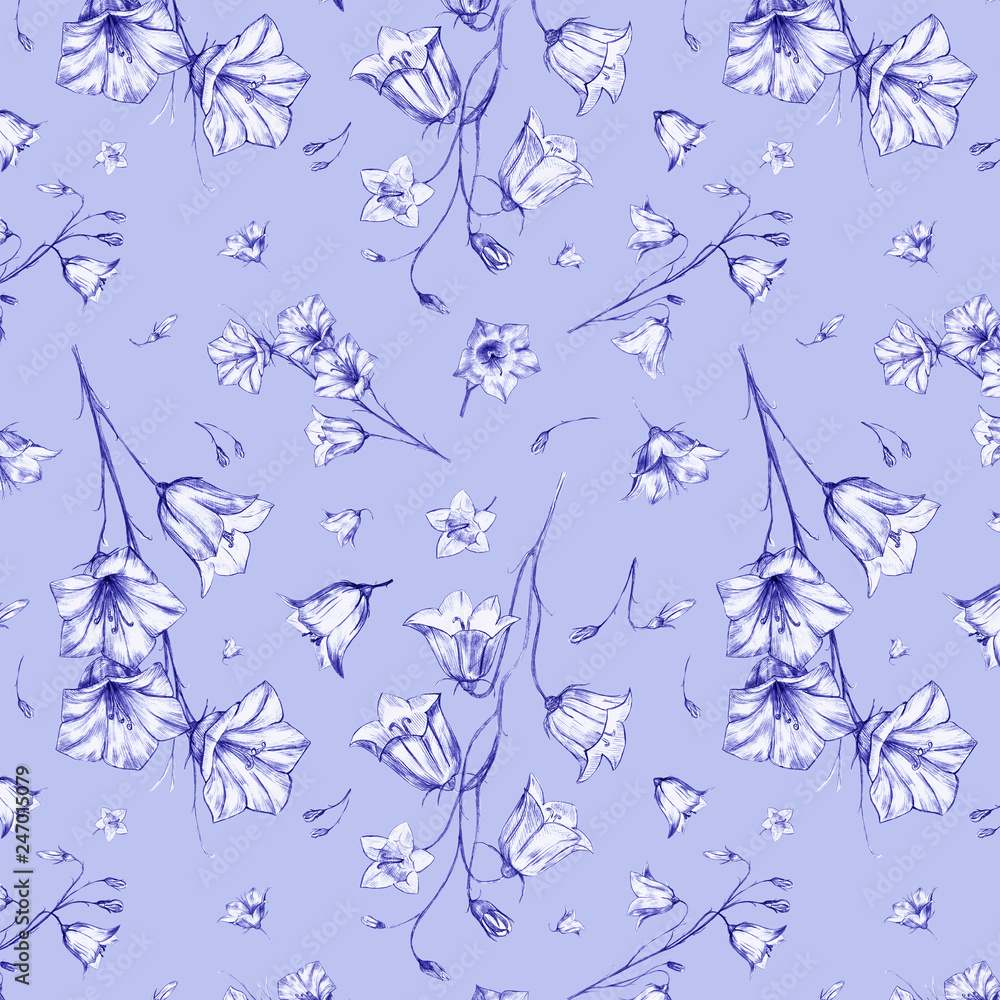 Hand drawn floral seamless pattern background with randomly located blue graphic bluebell flowers on blue lilac background