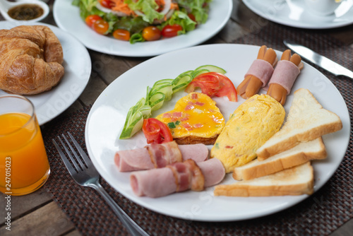 Food series  American breakfast set on wooden table