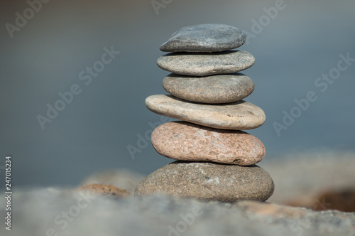 Closeup of stone balance on rock in border river