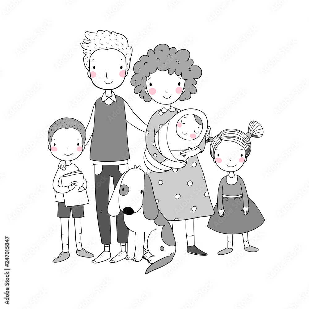 A happy family. Parents with children. Cute cartoon dad, mom, daughter, son and baby. A happy family. Parents with children. Cute cartoon dad, mom, daughter, son and baby.