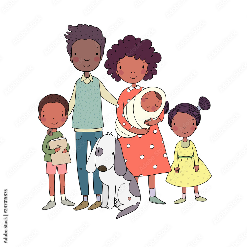 African American happy family. Parents and children. Cute cartoon dad, mom,  daughter, son and baby. Stock Vector | Adobe Stock