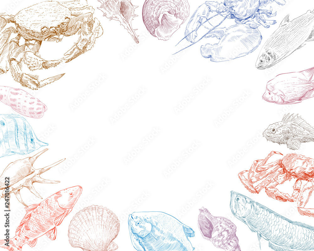 Seafood, fish and crabs backgrounds. Restaurant and cafe menu hand drawn sketch. Place mat design.