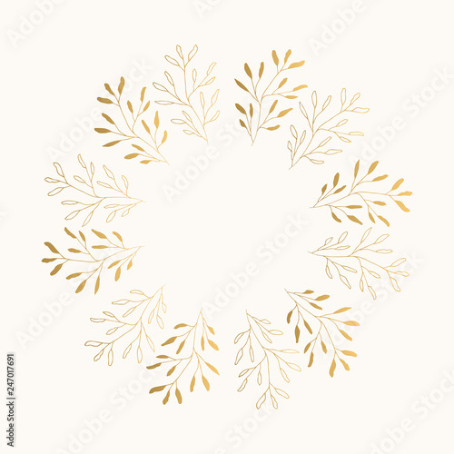 Summer golden circle frame with flowers and leaves. Vector isolated illustration.