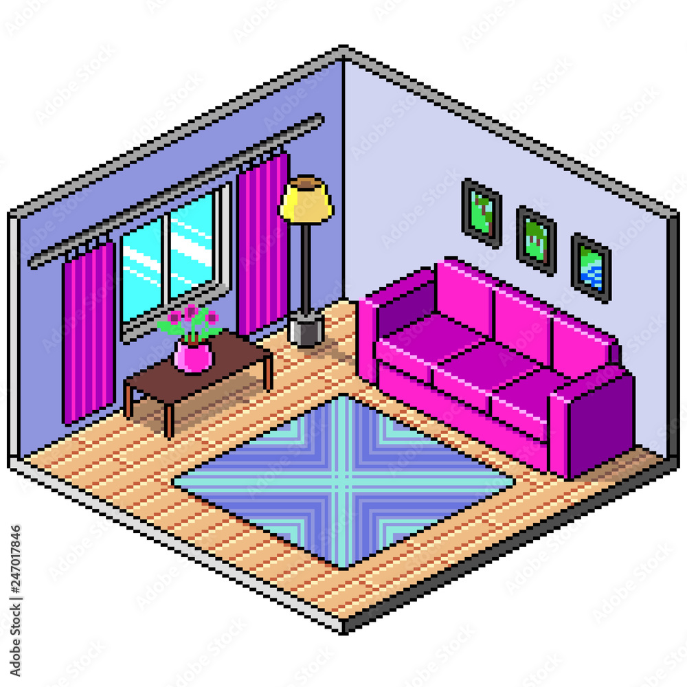 Pixel art isometric room detailed vector illustration Stock Vector