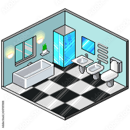 Pixel art isometric bathroom detailed vector illustration