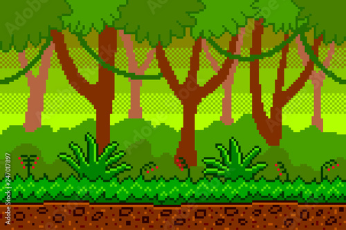 Pixel art jungle background detailed vector illustration