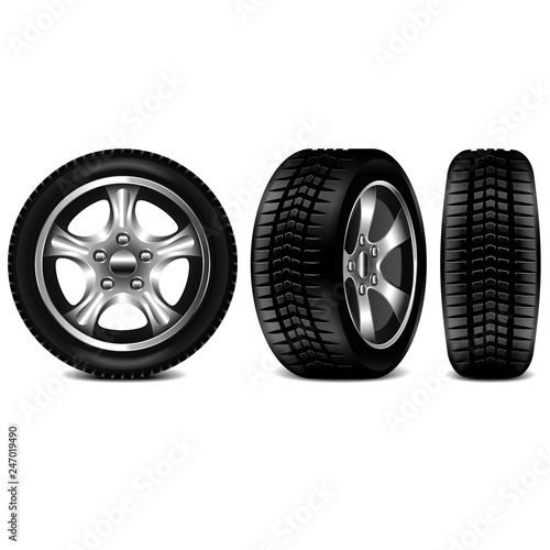 Obraz na plátně Car tire 3 views isolated on white vector illustration