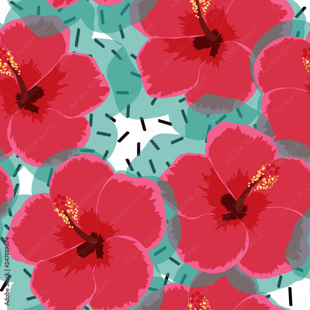 Fototapeta Flowers tropical seamless pattern. Hibiscus flower on a white background.