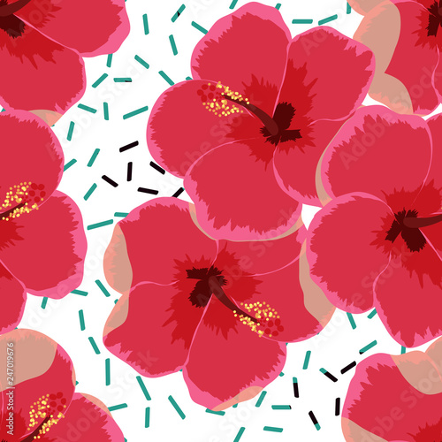 Flowers tropical seamless pattern. Hibiscus flower on a white background.