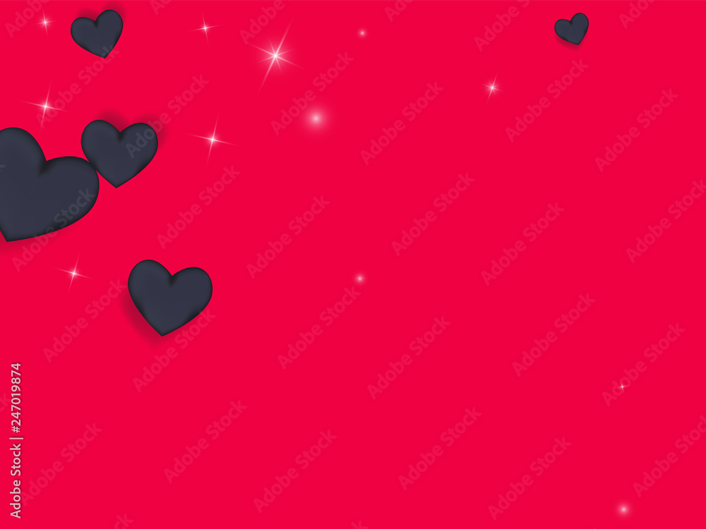 Volumetric black hearts on a pink background with twinkling elements. Glamorous background with hearts for Valentine's day. Confetti.