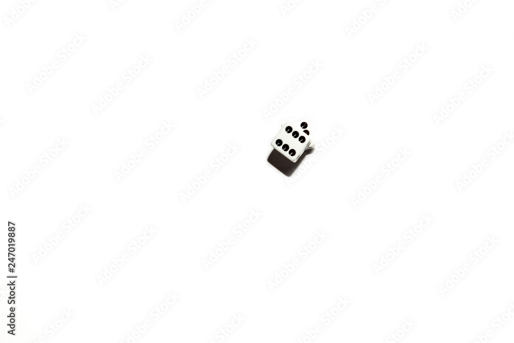 Dice on a white isolated background, two cubes with black dots on which the number six fell, a game of chance, betting between friends. Dice on a white isolated background, two cubes with black dots on which the number six fell, a game of chance, betting between friends.