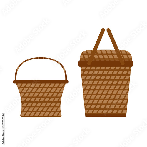 Wicker willow picnic baskets. Set of baskets isolated on white background. 