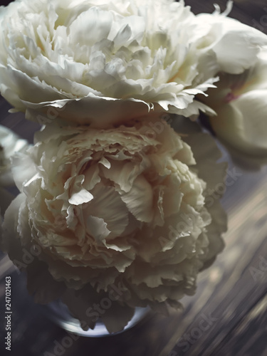 bouquet of white peonies in a vase on the wooden table background