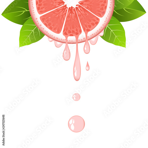 Realistic half grapefruit slice with leaves and drops of juice. Juicy fruit. Fresh citrus design on white vector illustration