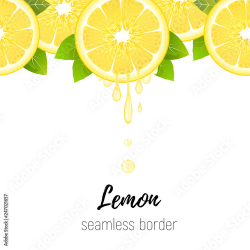 Realistic lemon slice seamless border isolated on white. Fresh citrus with juice drops vector illustration