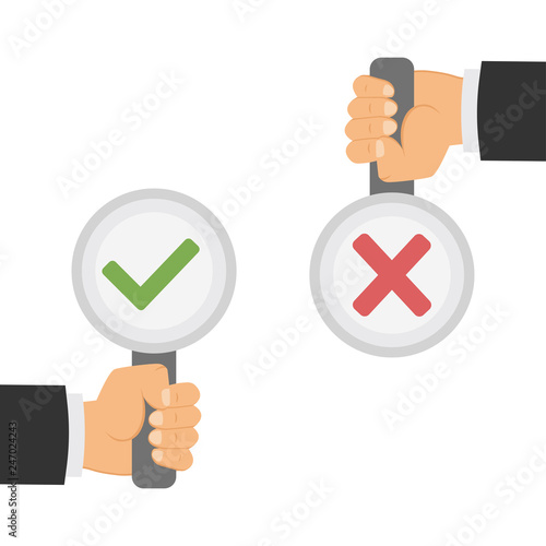 The concept of choice, the right decision and the wrong choice. Banner in hand with true or false sign. Concept Yes or No, happiness versus sadness. Vector illustration.