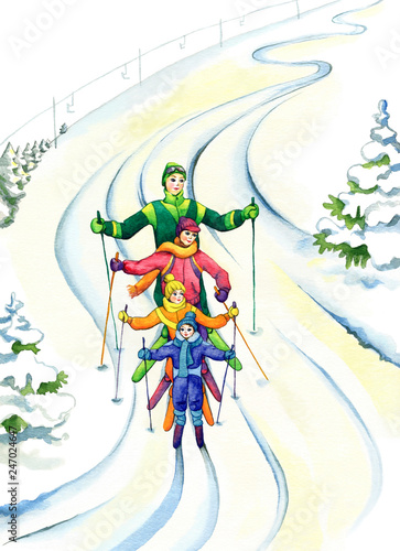 Family vacation skiing in winter