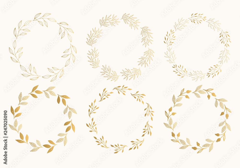 Gold floral round frames. Glitter wreath design. Vector. Isolated. Gold floral round frames. Glitter wreath design. Vector. Isolated.