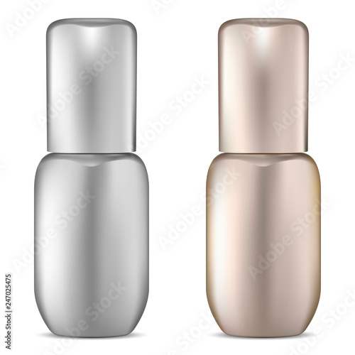 Premium Serum Bottle Set Gold and Silver. Vector Illustration. Cosmetic Product Vial for Face Treatment, aromatic, Moisturizer, Essence. Skincare Makeup Brand. 3d Design Concept.