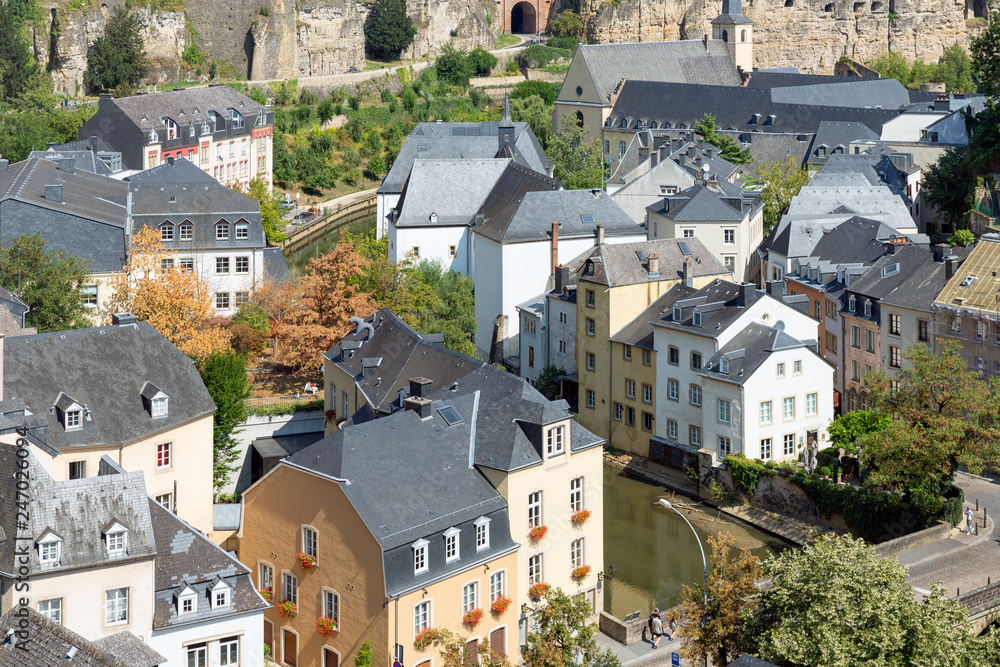 Luxembourg city, aerial view of the Old Town and Grund