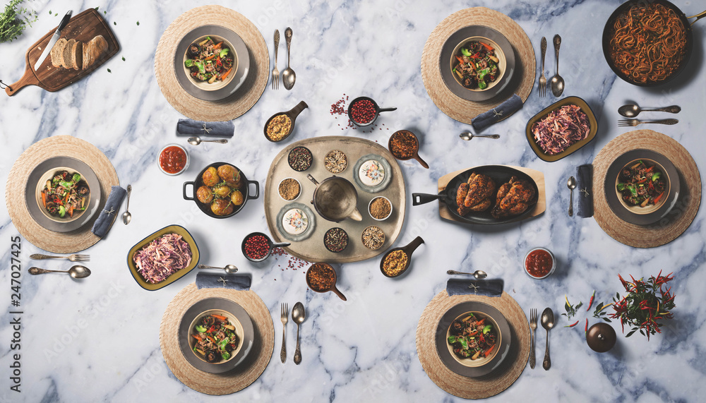 wonderfully designed dining table top view. - obrazy, fototapety, plakaty 