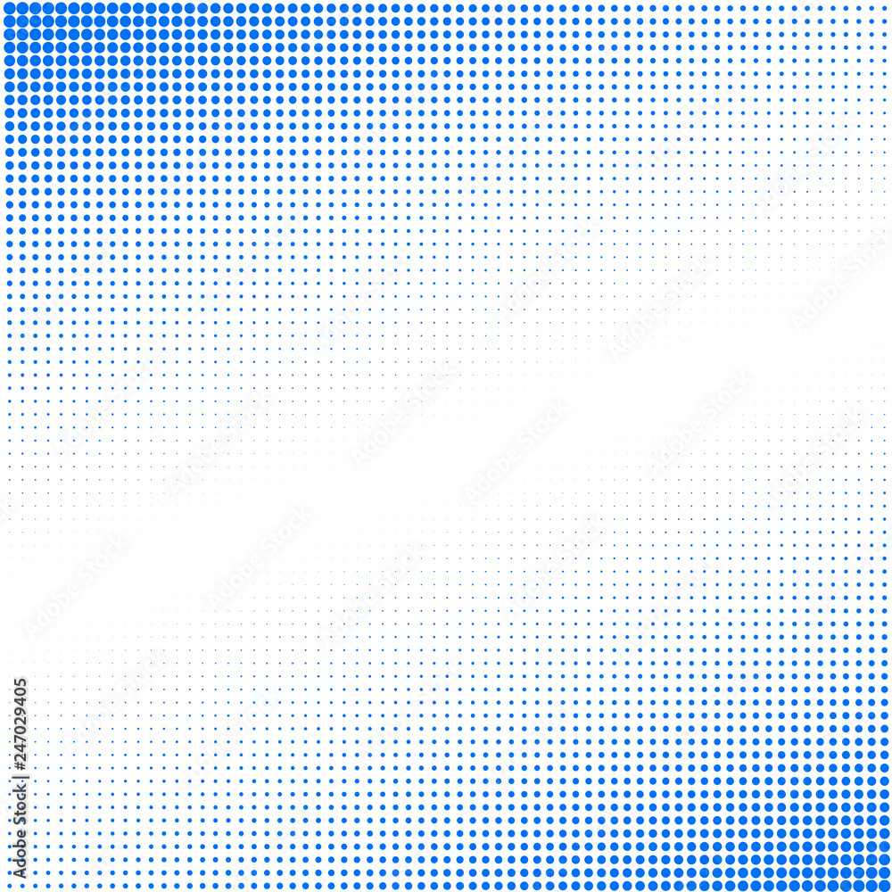 The background of blue dots of different sizes have different density on white for text and logo. The background of blue dots of different sizes have different density on white for text and logo.