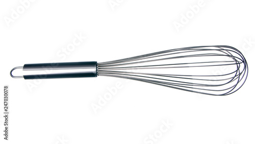 Kitchen metal whisk on white background isolation, top view