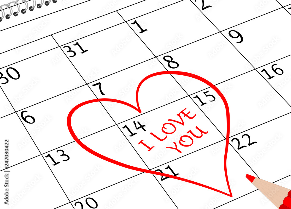 Valentin`s Tag Ich Liebe Dich Kalenderblatt mit Herz und Stift Stock