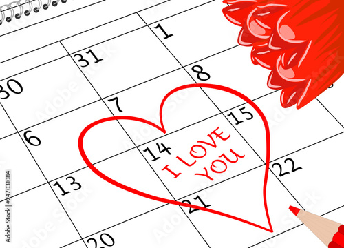 Valentin`s Tag Ich Liebe Dich Kalenderblatt mit Herz Blumen und Stift