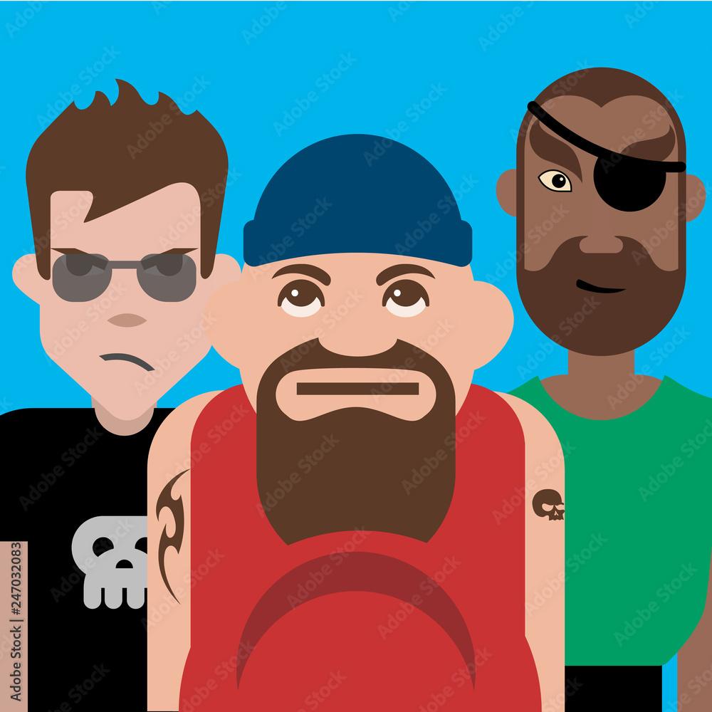 Group of three tough guys, Vector illustration