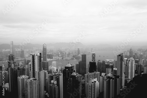 Misty morning view on the Hong Kong skyline and the Victoria Harbour from the Peak