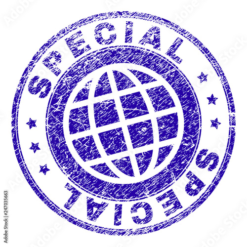 SPECIAL stamp imprint with distress texture. Blue vector rubber seal imprint of SPECIAL title with scratched texture. Seal has words placed by circle and globe symbol.