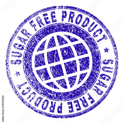 SUGAR FREE PRODUCT stamp print with grunge texture. Blue vector rubber seal imprint of SUGAR FREE PRODUCT label with grunge texture. Seal has words arranged by circle and planet symbol.