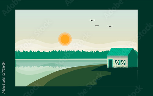 Panoramic lanscape. Vector illustration of nature. View with mountain; sky; birds; fog; house; hills; pines; tress; grass; sun; river; lake; reflection