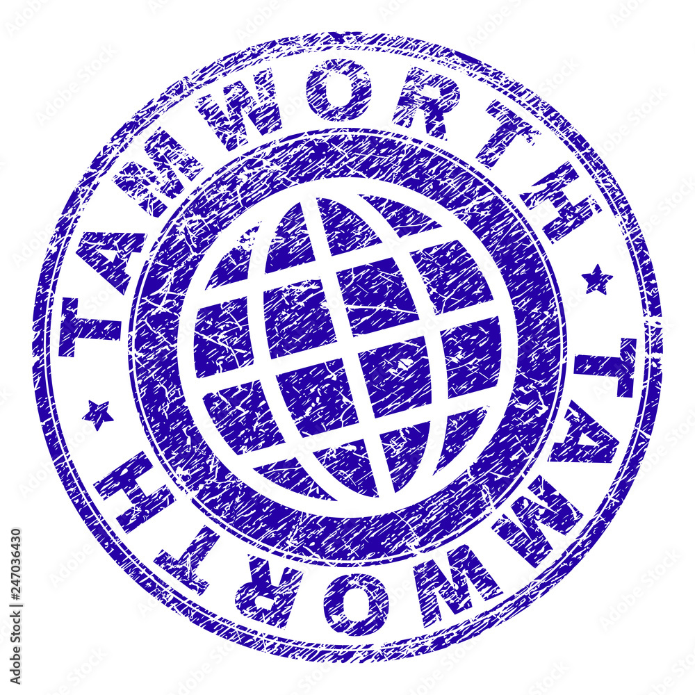 TAMWORTH stamp print with grunge texture. Blue vector rubber seal imprint of TAMWORTH tag with dirty texture. Seal has words arranged by circle and planet symbol.