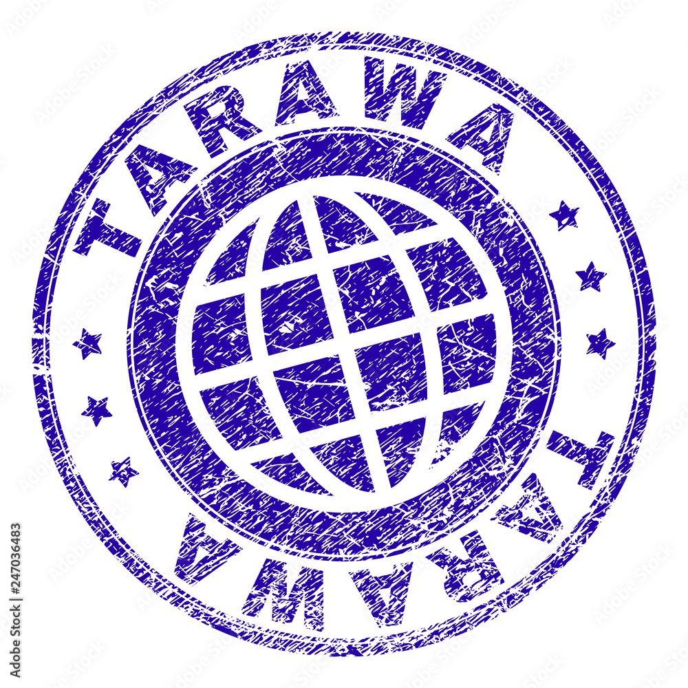 TARAWA stamp watermark with grunge effect. Blue vector rubber seal imprint of TARAWA tag with grunge texture. Seal has words arranged by circle and globe symbol.