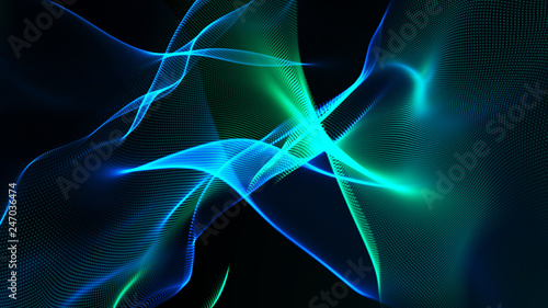 The embodiment of dark fantasies. Flying ribbons in space. Network connection structure. Abstract digital banner. 3D rendering.