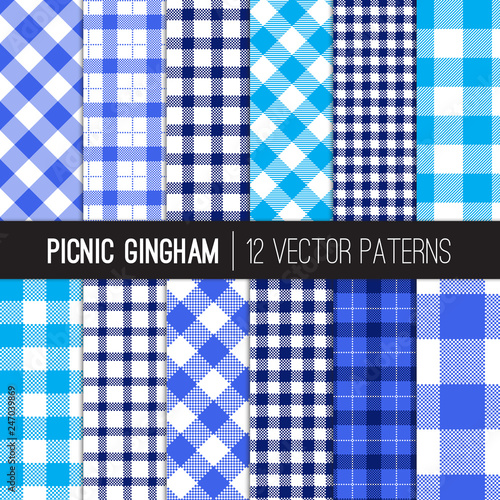 Blue Picnic Tablecloth Gingham and Tartan Patterns. Shades of Blue, Navy and White Plaid Fabric Backgrounds. Food Packaging or Restaurant Menu Backgrounds. Vector Pattern Tile Swatches Included