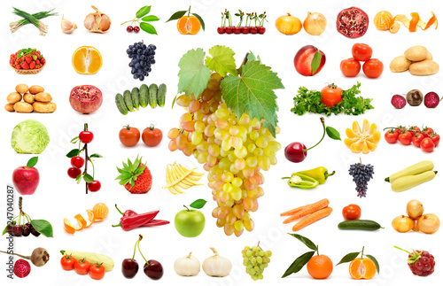 Large set vegetables and fruits isolated on white background.