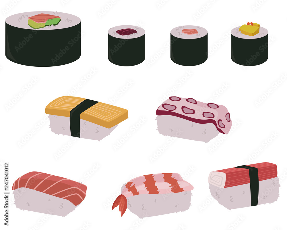 set of Japanese sushi with rolls, vegetables and fish