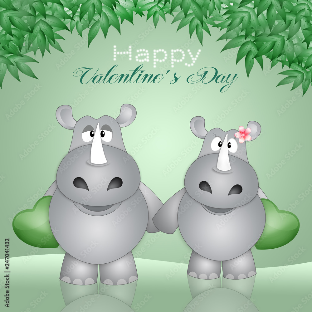 Naklejka premium ilustracja przedstawiająca dwa nosorożce z sercami